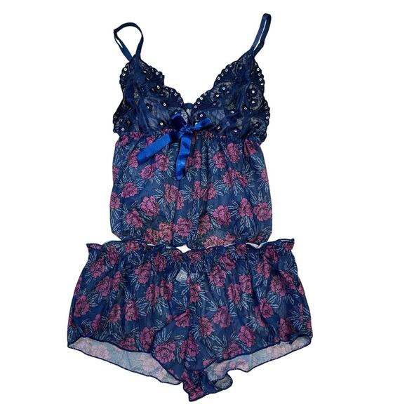 Lacey‎ Lingerie Pajama Set, Blue/Pink Baby Doll Camisole, Bow Boy Shorts S Girly - Picture 1 of 8